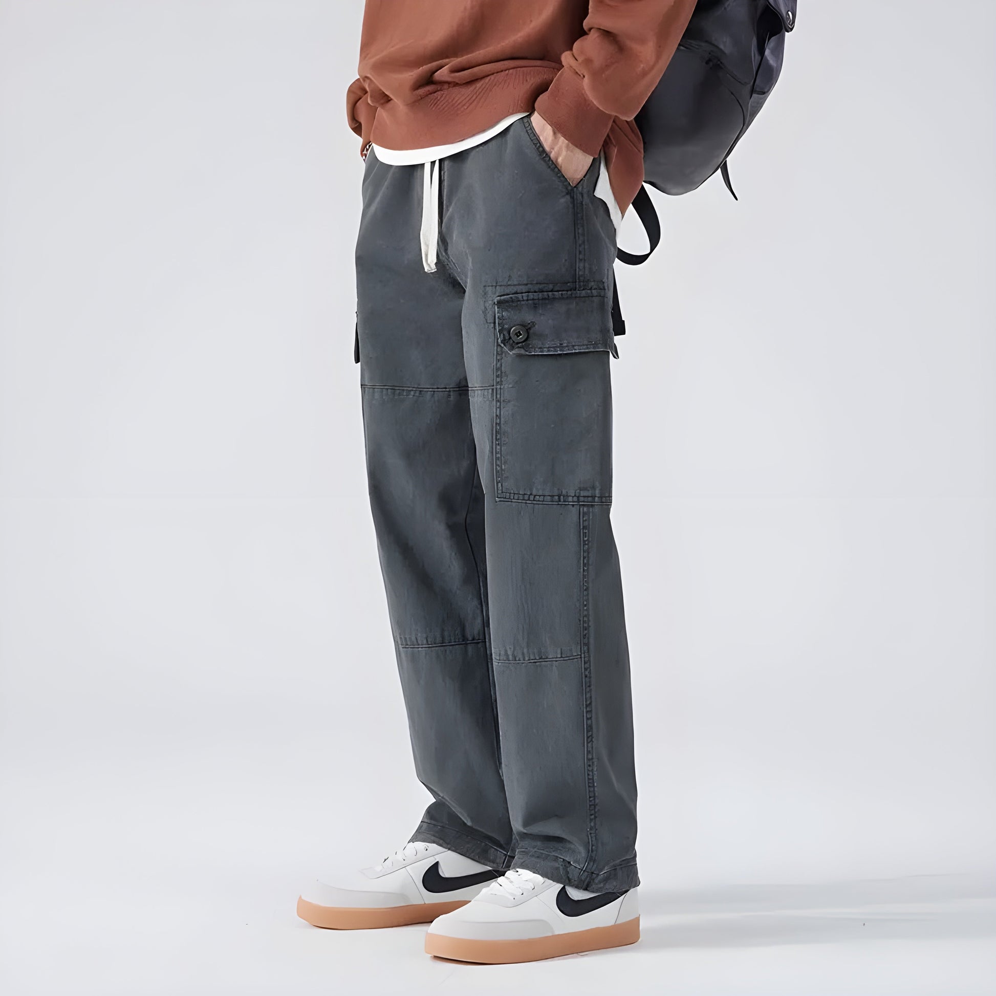 Men's loose straight cargo pants breathable washed cotton with knee patches and utility pockets
