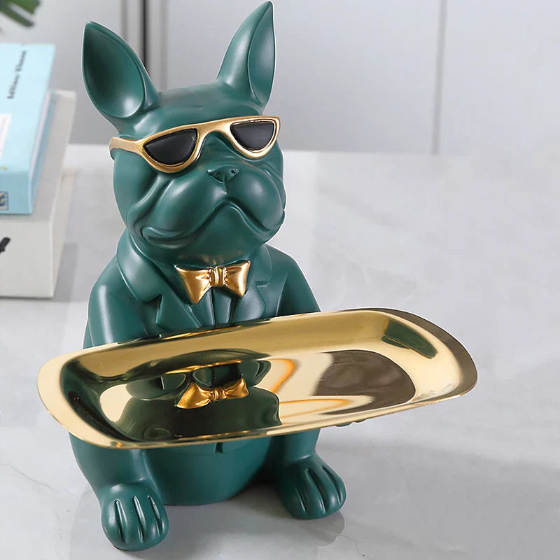 Resin bulldog figurine tray with gold bow tie, contemporary desk organizer for keys and jewelry