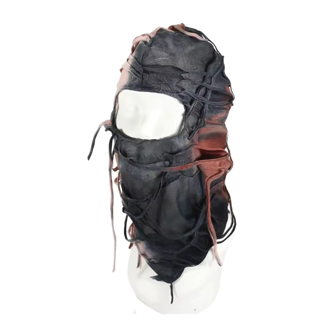 Black cotton dystopian hood headpiece with layered design and twisted rope fringe for urban rebels