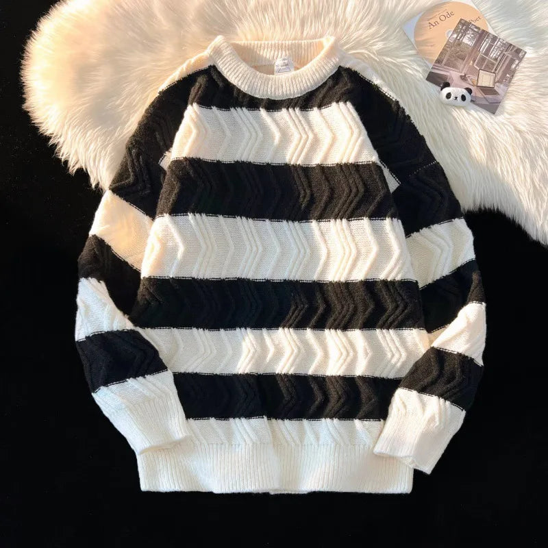 Women's chevron stripe knit sweater crew neck cozy soft textured everyday layer