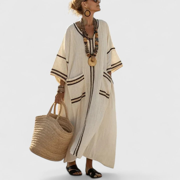 Sage | Women's V-Neck Striped Linen Maxi Dress with Pockets