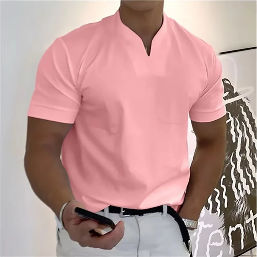 Men's white V-neck athletic cotton tee casual loose fit breathable summer short sleeve comfort shirt
