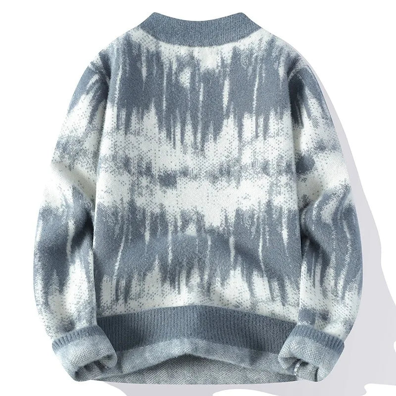 Women's abstract gradient knit sweater, soft warm ribbed neckline with structured cuffs