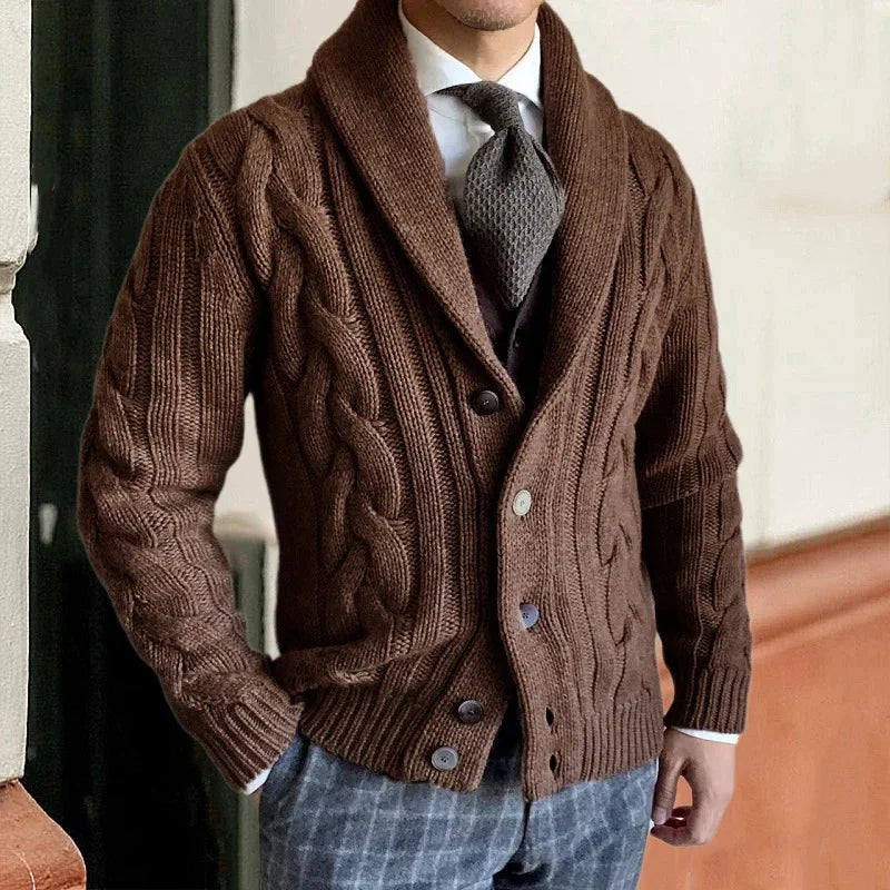 Men's dark wool cardigan tailored fit full button closure rich soft knit polished layering