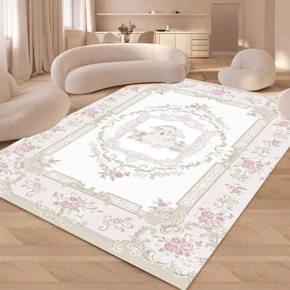 European luxury floral area rug in soft flannel, non-slip large floor mat for living room bedroom