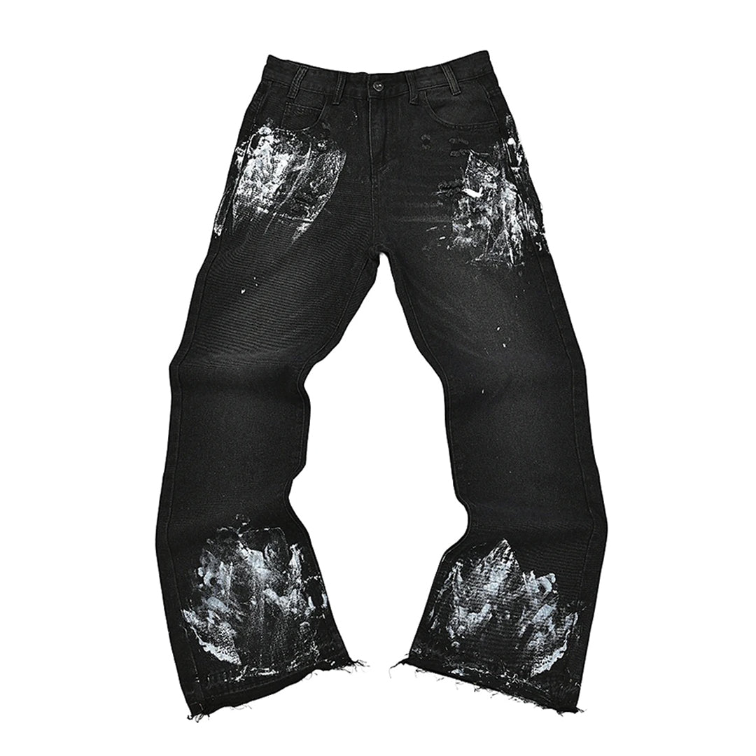 Blue loose-fit denim jeans with painterly fade streaks and frayed edges for streetwear