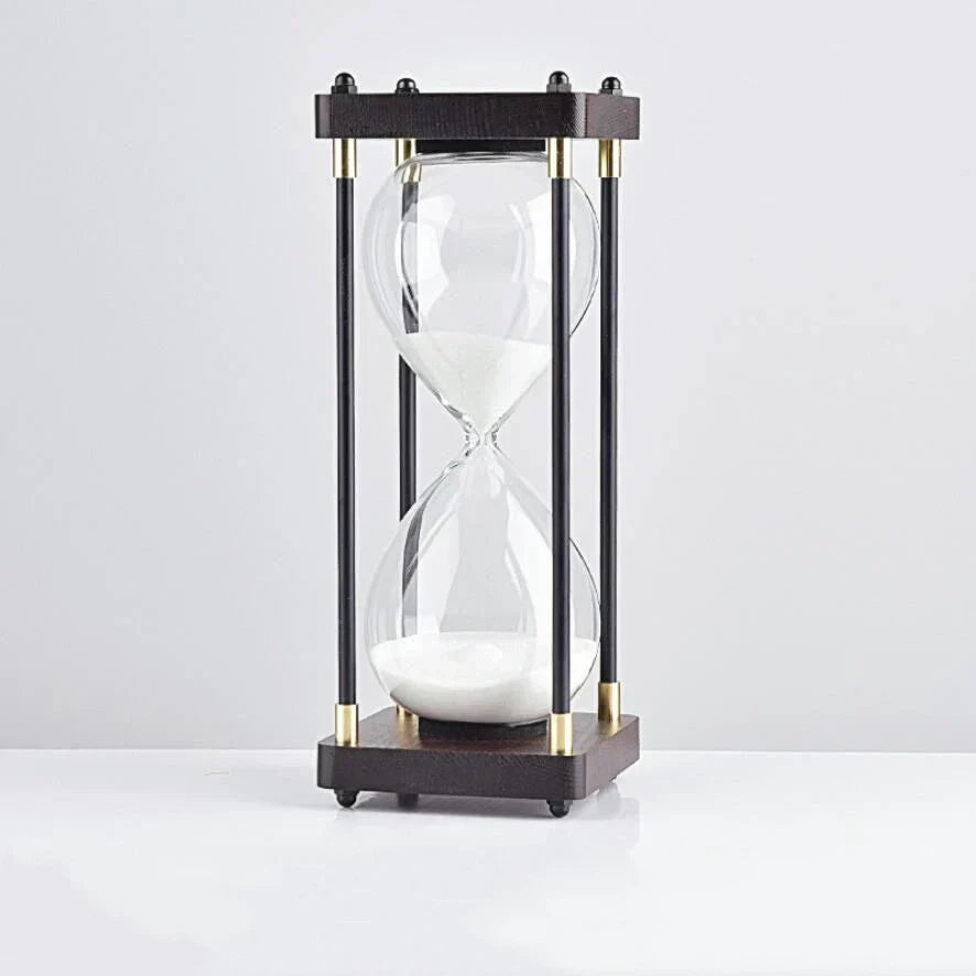 Minimalist glass and wood hourglass timer 60-minute copper accent desk essential for focused work