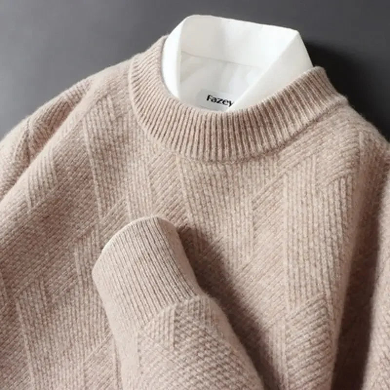 Men's diamond knit sweater in neutral tone, classic pattern, soft-touch fabric, versatile casual layering essential