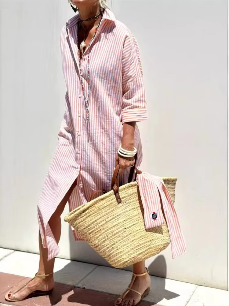 Women's striped long sleeve shirt dress relaxed loose-fit silhouette day-to-night versatile style
