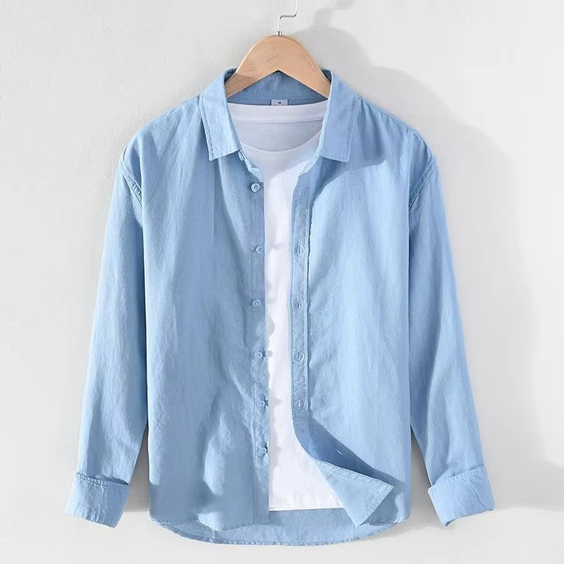 Men's vintage linen stand collar long sleeve shirt, breathable button-up in a clean modern fit