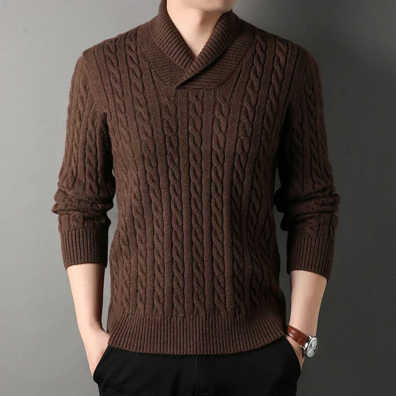 Men's cable knit shawl collar sweater in neutral tone, fold-over collar, mid-weight classic fit