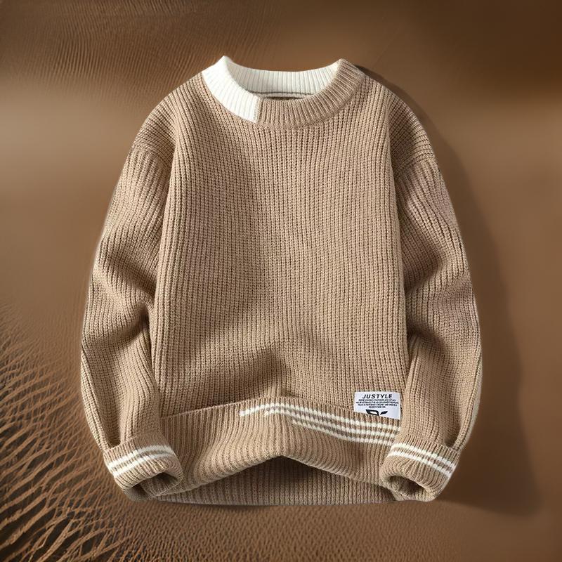 Men's ribbed knit pullover sweater with contrast split crewneck collar for structured everyday style