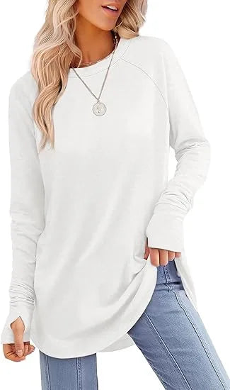 Women's relaxed fit tunic top in soft cotton blend with thumb hole cuffs for everyday comfort