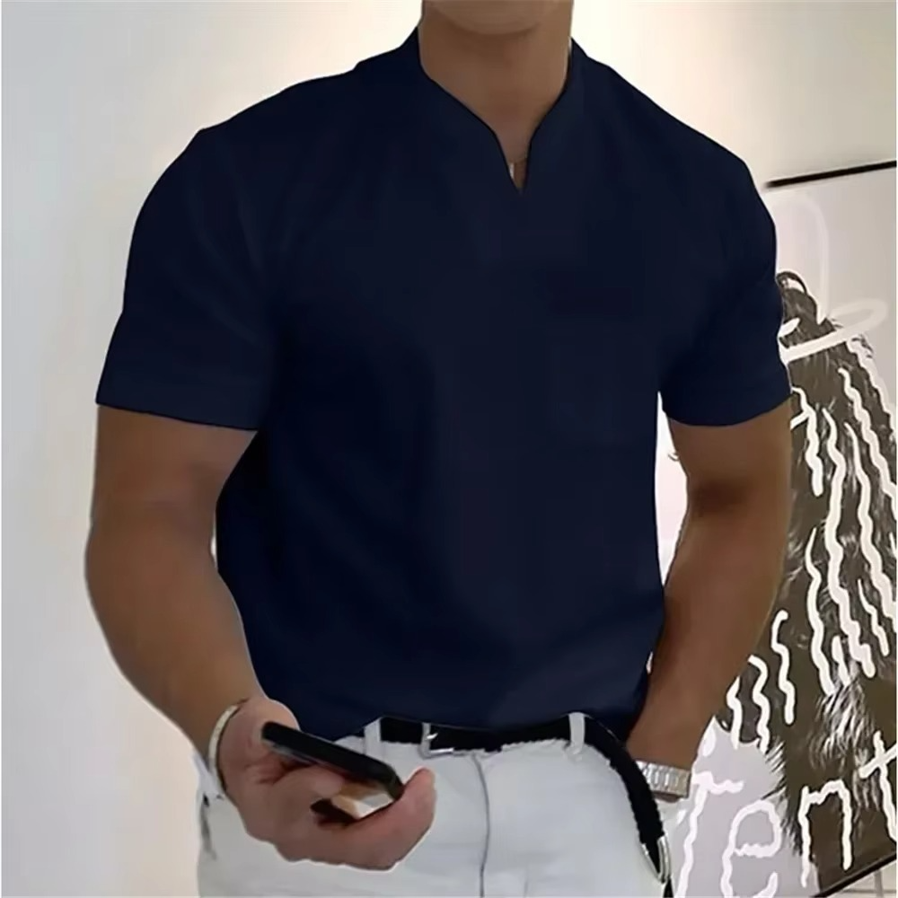 Men's white V-neck athletic tee lightweight elastic cotton breathable casual summer fit