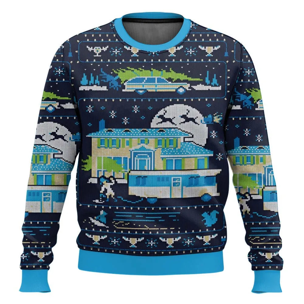 Men's relaxed-fit Christmas sweater with festive ski-themed print, cozy holiday style for winter wear