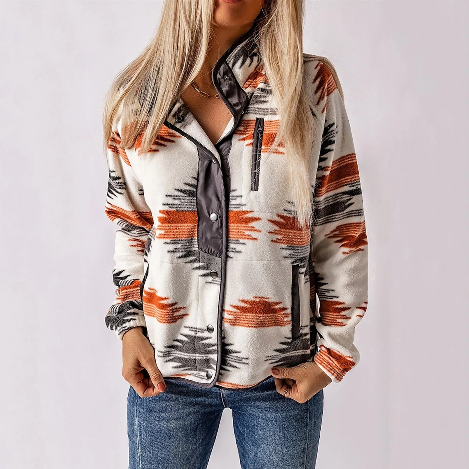 Women's coral fleece color block sweater with ethnic print, button-up cozy fit warm layer