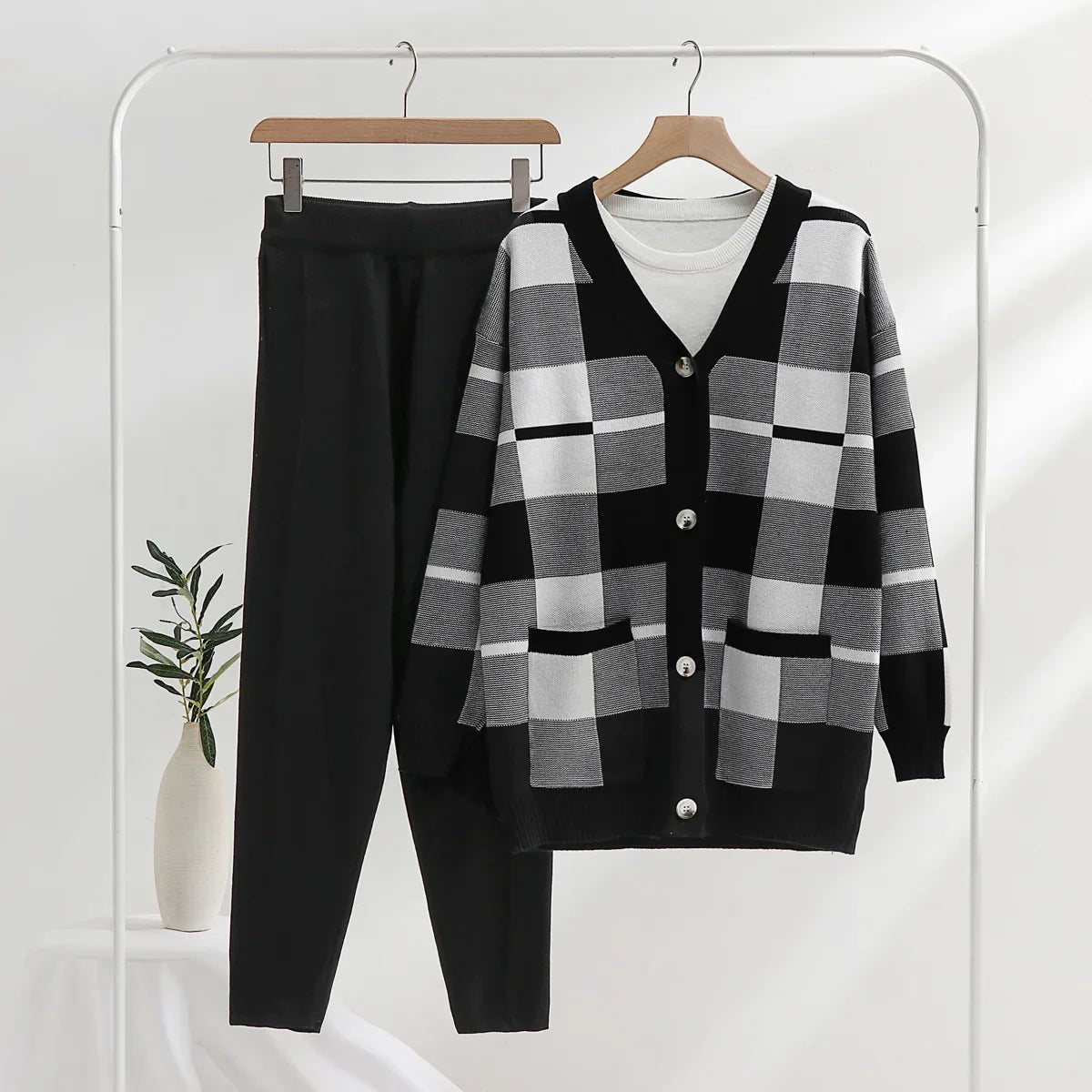 Women's plaid soft knit 3-piece lounge set cardigan tank top pants coordinated cozy chic
