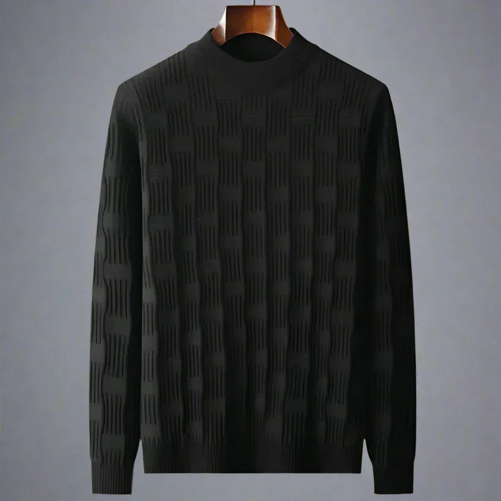 Cream textured grid knit crew neck sweater with 3D structured pattern for modern professionals
