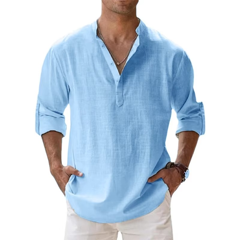 Men's beige cotton linen Henley shirt, long sleeve, lightweight summer fit with 3-button placket