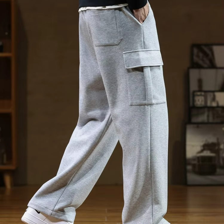 Men's cotton drawstring sweatpants loose straight-leg fit multi-pocket design available up to 8XL