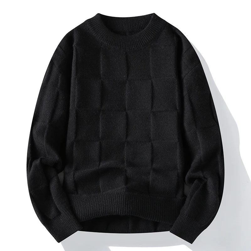 Women's check textured knit sweater pullover in geometric grid pattern, versatile layering essential