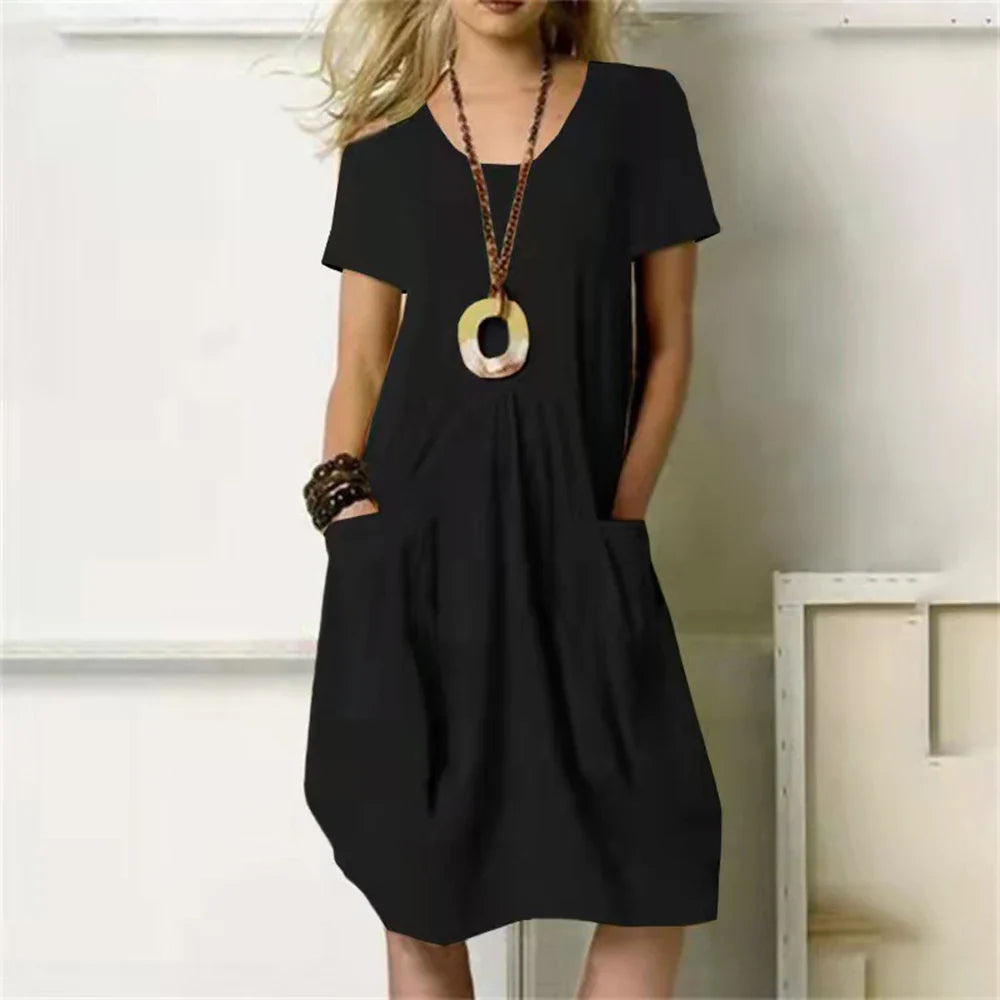Sharon women's relaxed fit cotton-linen blend summer dress, breathable pull-on silhouette for warm days