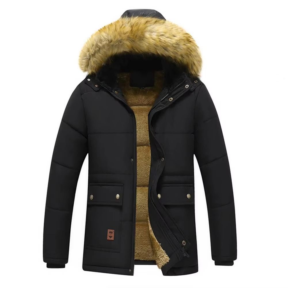 Men's insulated winter parka coat with fur hood, fleece-lined, warm outerwear for cold weather