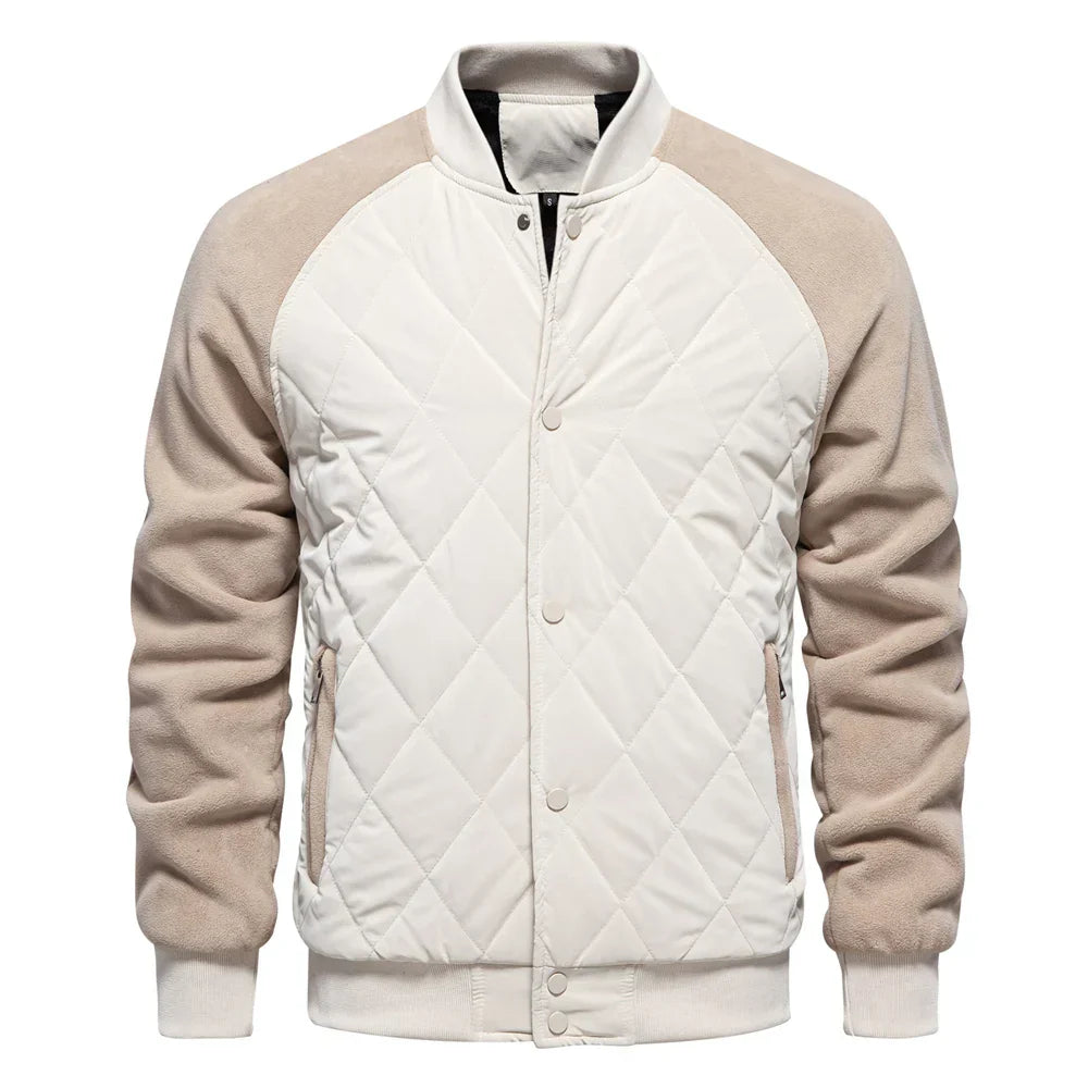 Unisex quilted bomber jacket diamond-stitched nylon front suede sleeves two-tone all-season insulated