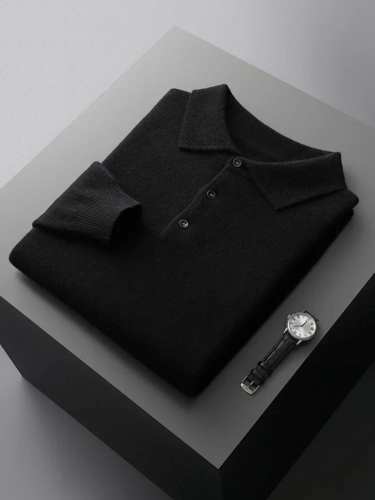 Men's merino wool polo shirt tieless ribbed collar long sleeve breathable warmth refined fit
