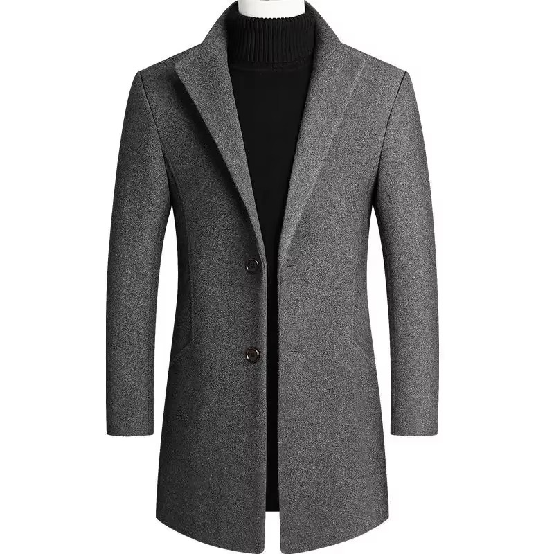 Men's burgundy wool blend trench coat medium-long cut with thickened fabric for autumn winter warmth