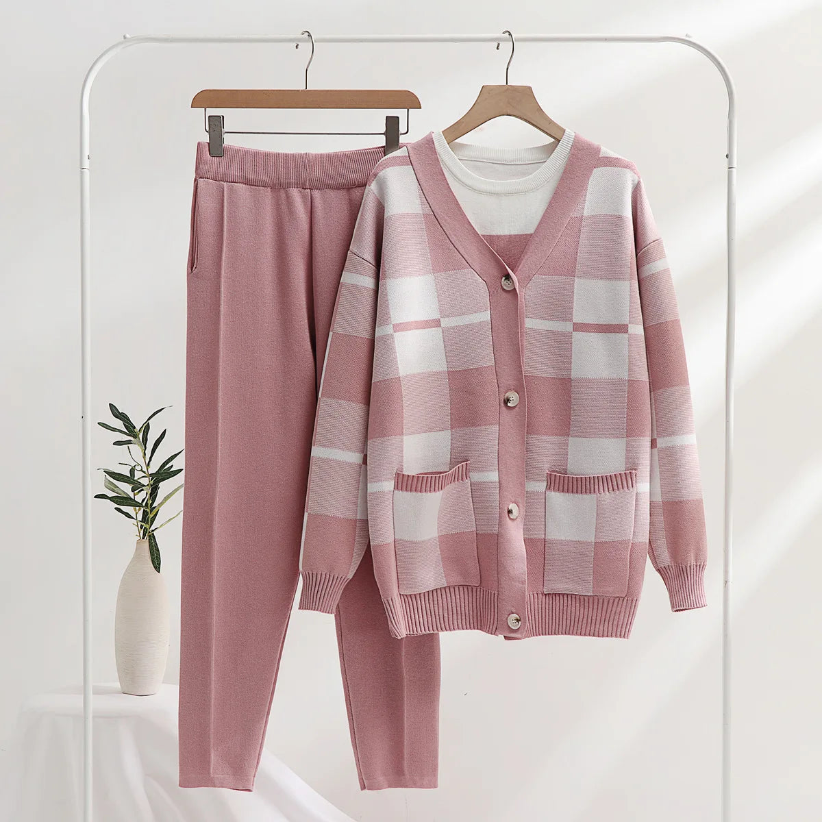 Women's plaid soft knit 3-piece lounge set cardigan tank top pants coordinated cozy chic