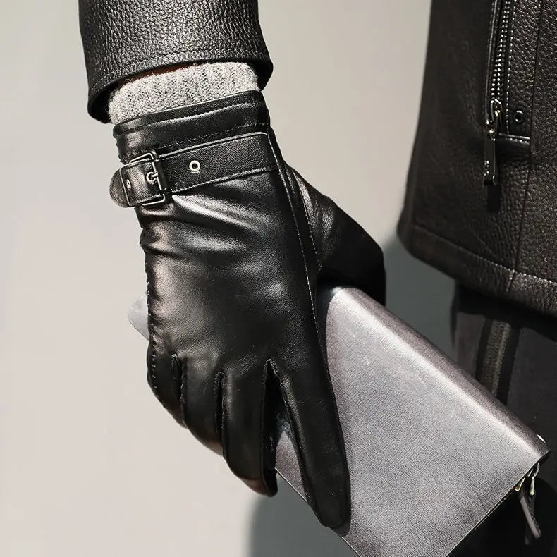 Women's black faux leather fitted wrist-length gloves with decorative buckle strap
