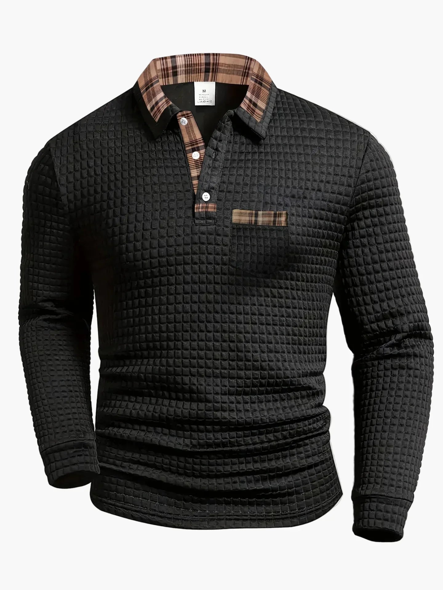 Men's long sleeve navy waffle knit polo shirt with check collar details for office wear