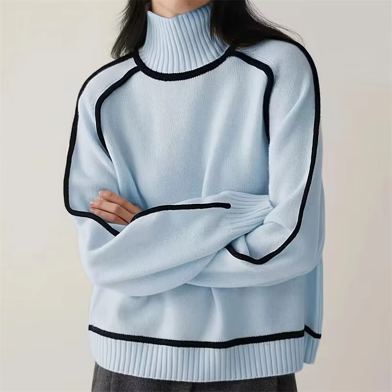 Women's striped knit turtleneck sweater, loose fit long sleeve pullover in cozy warm fabric