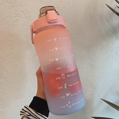 Motivating 2L leakproof water bottle with removable straw, silicone O-ring, and time markers for hydration