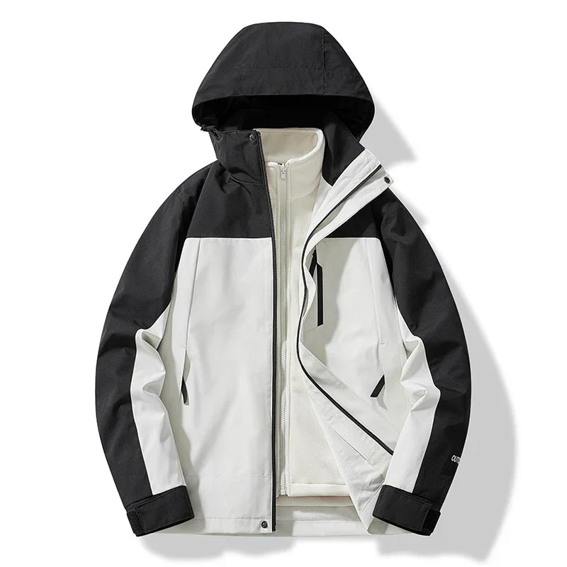 Men's navy blue hooded ski jacket zip-up with weatherproof performance design for winter slopes