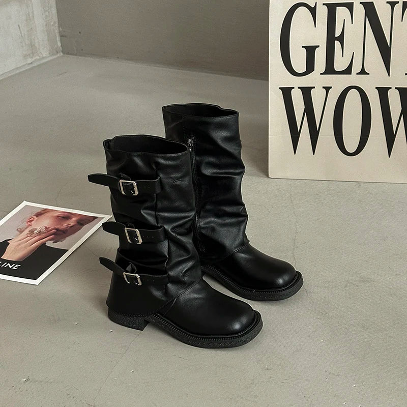 Women's brown vintage knee-high boots with belt buckle, elastic panels, low heel, Western cowboy style