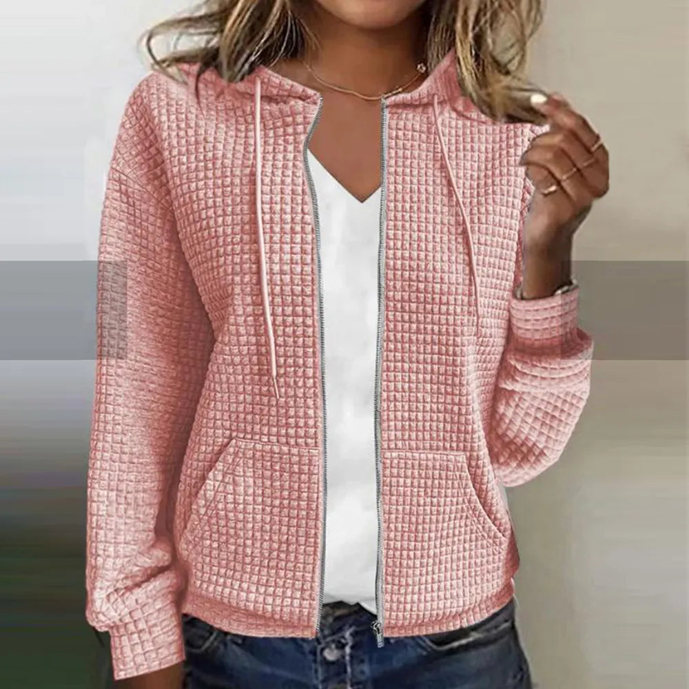 Women's lightweight zip-up hoodie jacket with drawstring hood, front pockets, casual everyday fit