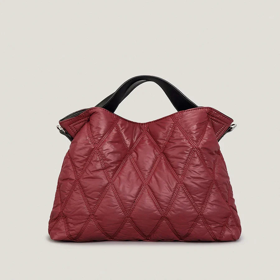 Black diamond quilted tote bag with cotton down filling, spacious interior for professionals