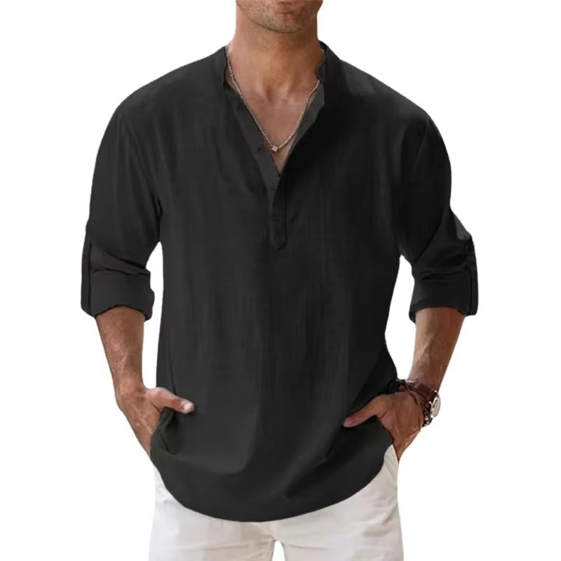 Men's beige cotton linen Henley shirt, lightweight long sleeve summer style with 3-button placket