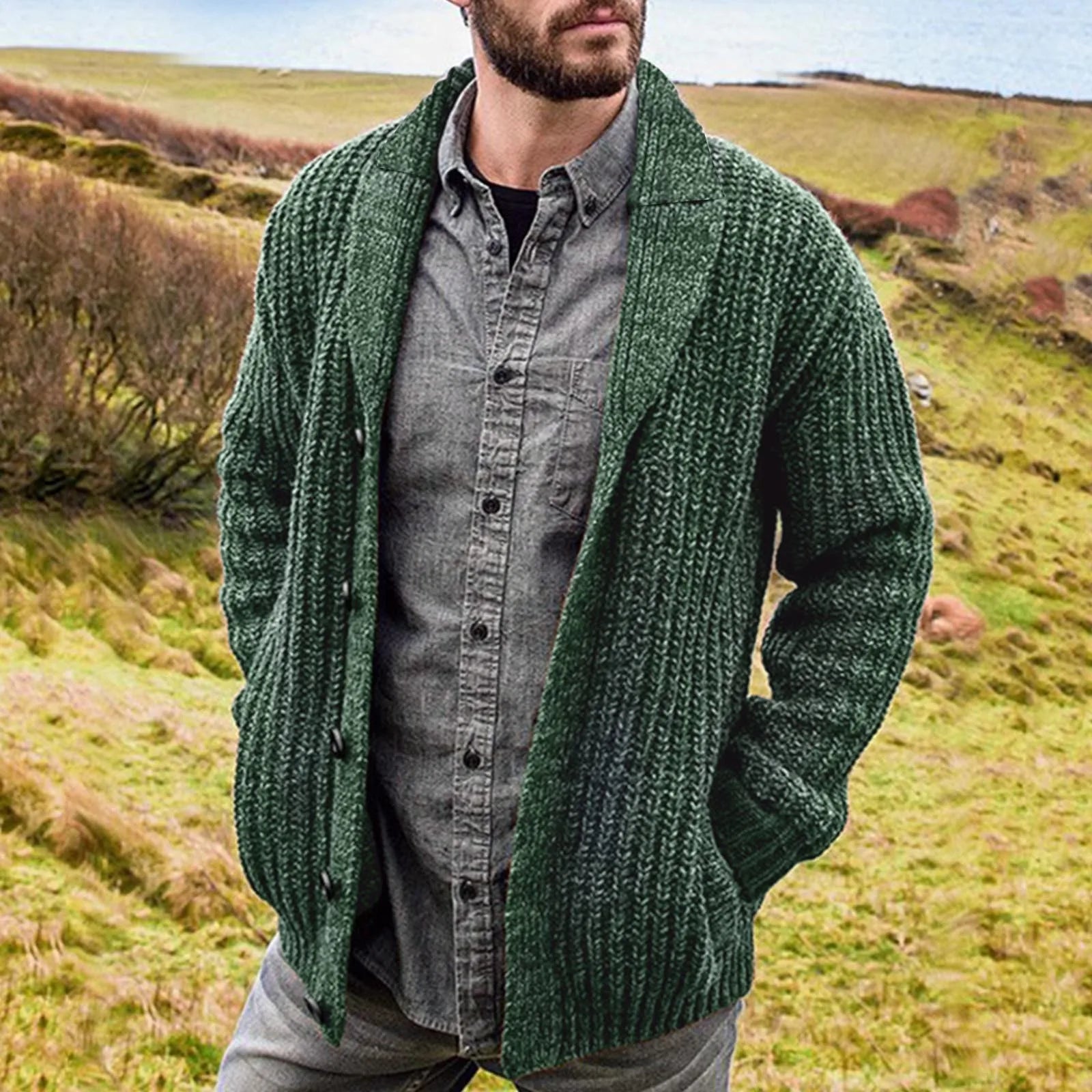 Men's relaxed-fit cardigan in soft fabric with button closure and front pockets for everyday layering
