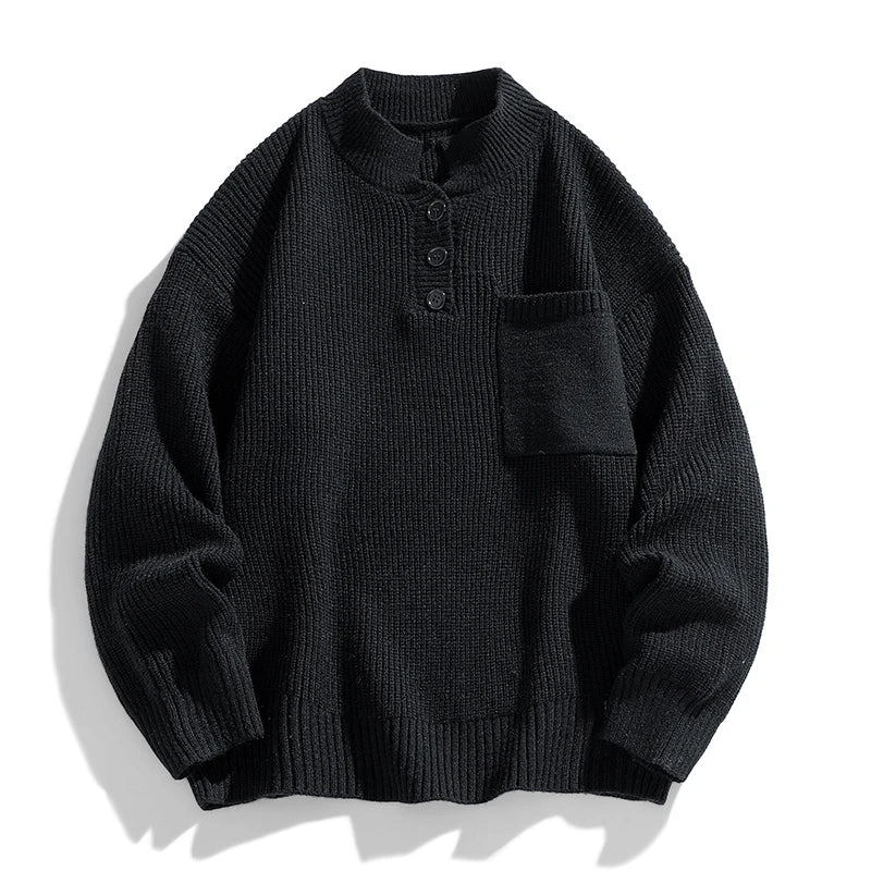 Men's cozy winter knit pullover classic fit with buttoned neckline for casual layering