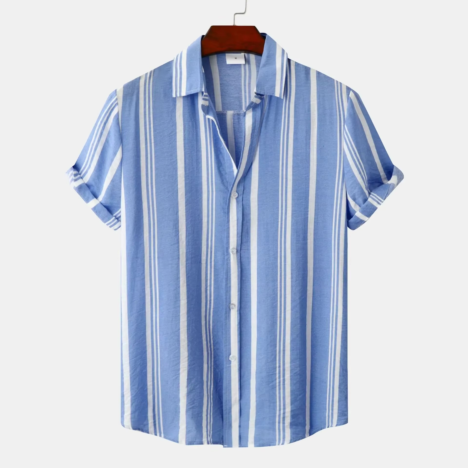 Men's slim fit navy white striped short sleeve shirt breathable cotton poly blend summer casual