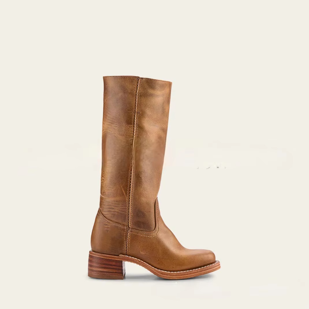 Urbann-Vibe women's wide calf knee-high boots retro square heel Western-style slip-on
