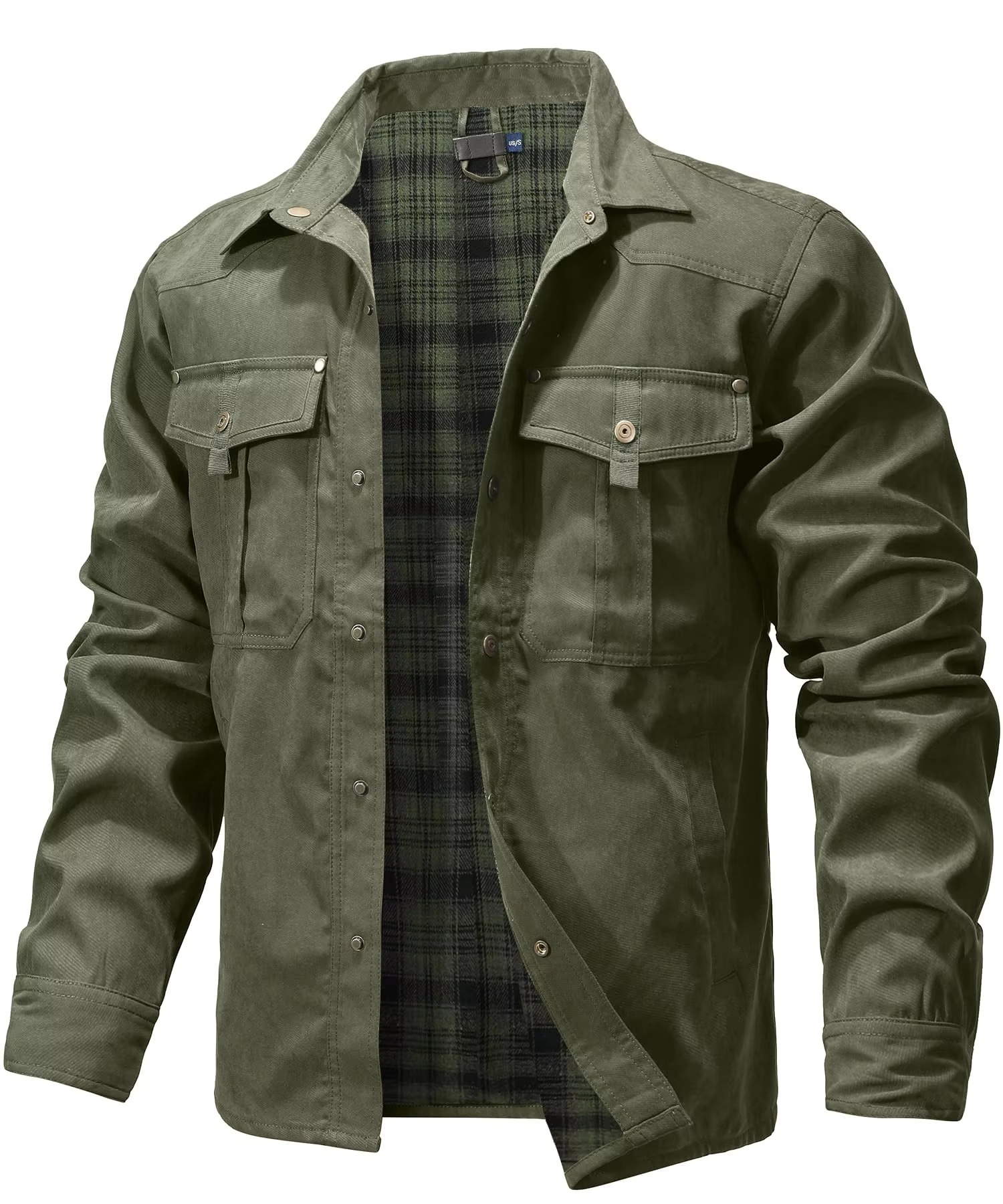 Men's brown western flannel lined shirt jacket overshirt with snap button closures midweight layer