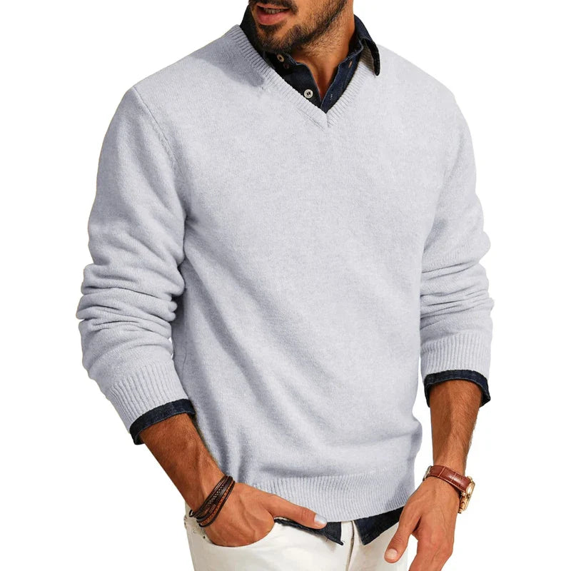 Men's slim-fit lightweight wool blend sweater in classic neutral tone with premium knit texture