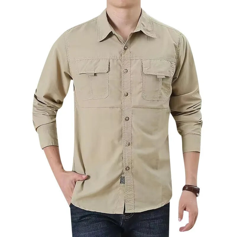 Claymore tactical button-up shirt in natural linen, slim outdoor fit with waterproof quick-dry finish