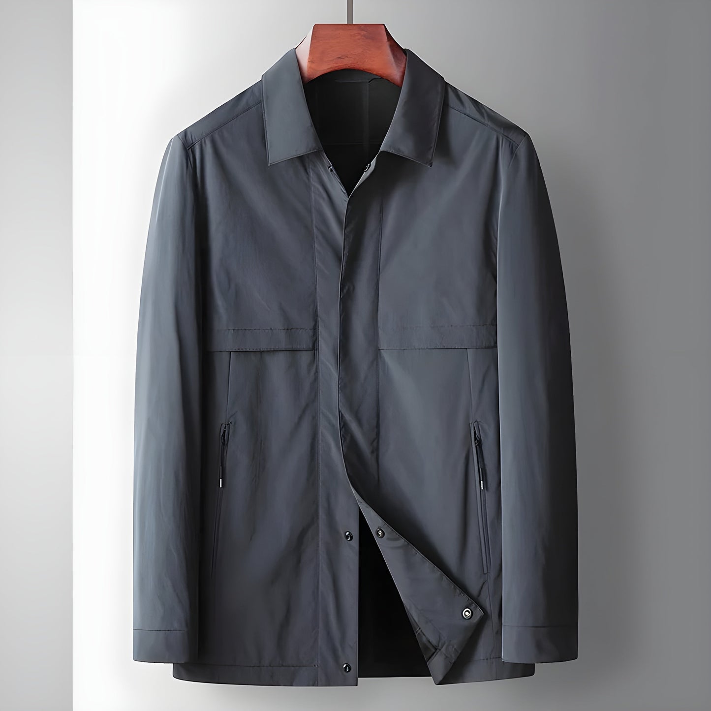 Men's lightweight British-style windbreaker classic fit jacket with concealed snap closure and zipper pockets