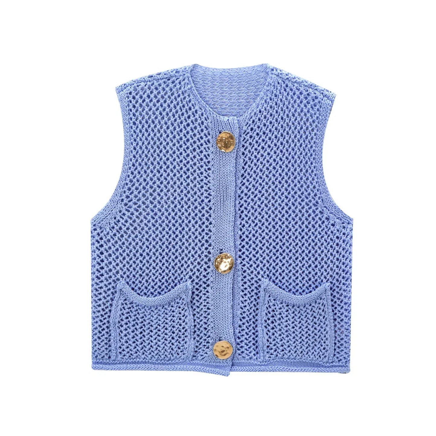 Vess knitted vest open-knit texture oversized buttons functional pockets everyday layering piece