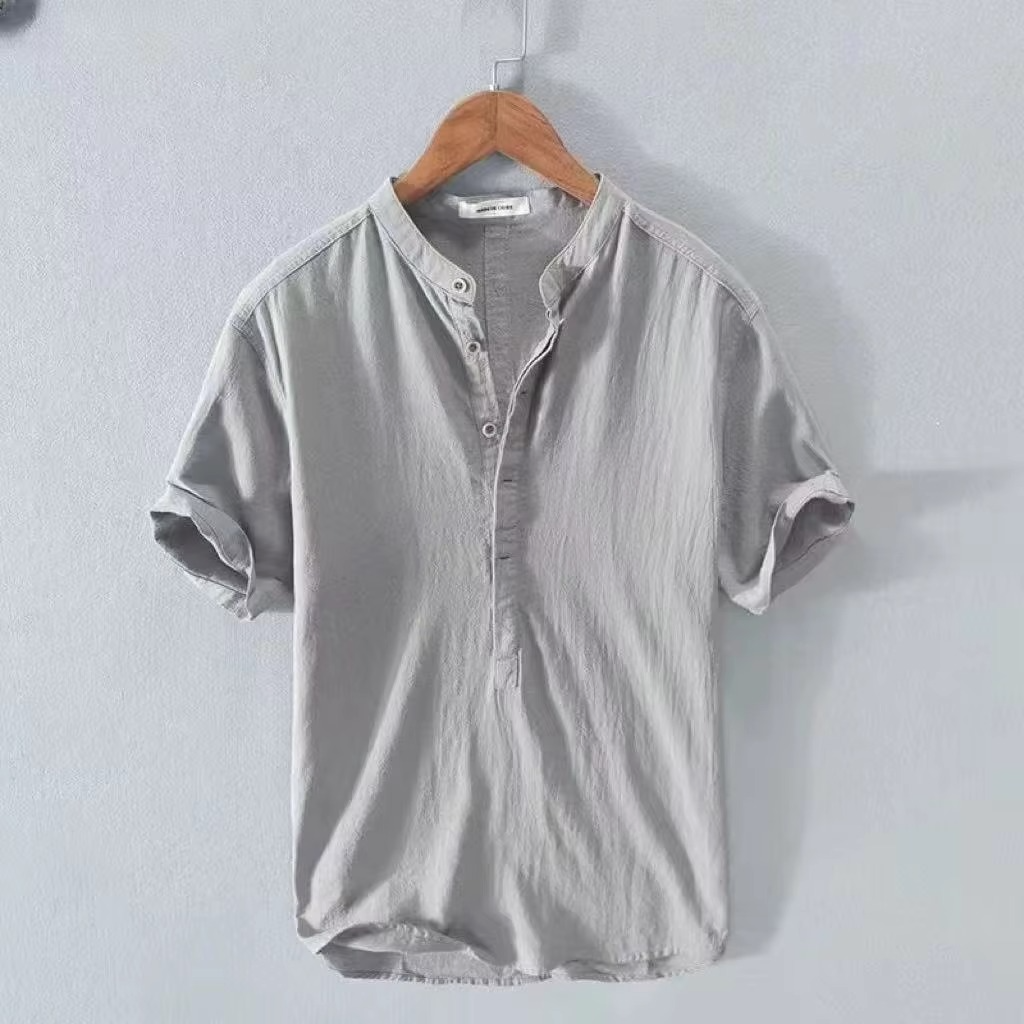 Men's cotton linen short sleeve shirt relaxed fit turn-down collar breathable beachwear casual top